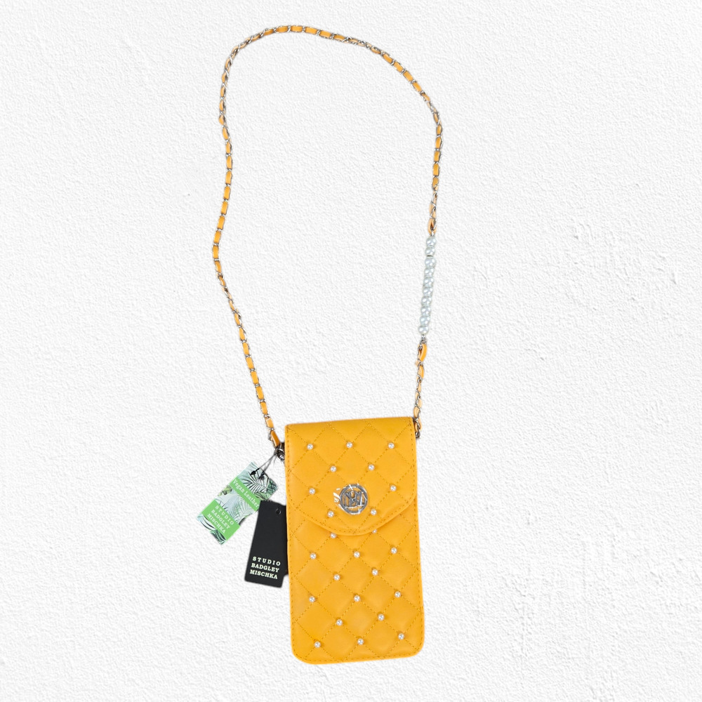 Badgley Mischka Mustard Yellow Quilted Pearl Chain Strap Luxe Phone Case Purse - Picture 3 of 9